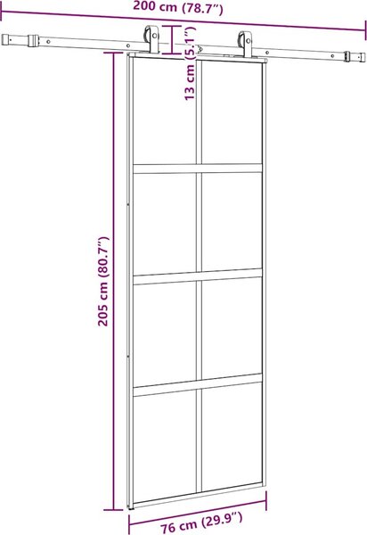 VidaXL Posuvné dveře se sadou kování ESG Glass, mléčné [3375863] Barva: Černá a matná, Velikost: 102.5 x 205 cm (200 cm sliding rail)