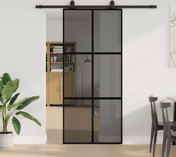 VidaXL Posuvné dveře se sadou kování černé Tvrzené sklo, mřížky 2 x 4 [3375824] Barva: Černá a matná, Velikost: 90 x 205 cm (200 cm sliding rail)