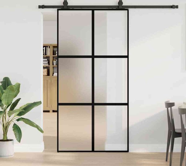 VidaXL Posuvné dveře se sadou kování černé Tvrzené sklo, mřížky 2 x 4 [3375824] Barva: Černá a matná, Velikost: 90 x 205 cm (200 cm sliding rail)