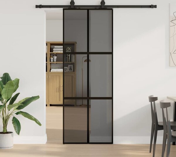 VidaXL Posuvné dveře se sadou kování černé Tvrzené sklo, mřížky 2 x 4 [3375824] Barva: Černá a matná, Velikost: 90 x 205 cm (200 cm sliding rail)