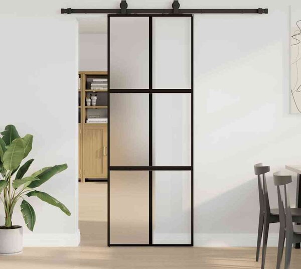 VidaXL Posuvné dveře se sadou kování černé Tvrzené sklo, mřížky 2 x 4 [3375824] Barva: Černá a matná, Velikost: 90 x 205 cm (200 cm sliding rail)
