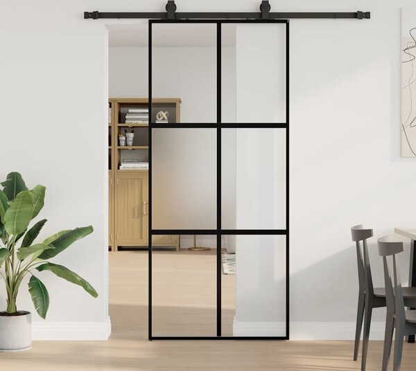 VidaXL Posuvné dveře se sadou kování černé Tvrzené sklo, mřížky 2 x 4 [3375824] Barva: Černá a matná, Velikost: 90 x 205 cm (200 cm sliding rail)