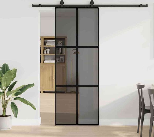 VidaXL Posuvné dveře se sadou kování černé Tvrzené sklo, mřížky 2 x 4 [3375824] Barva: Černá a matná, Velikost: 90 x 205 cm (200 cm sliding rail)