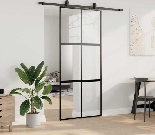VidaXL Posuvné dveře se sadou kování černé Tvrzené sklo, mřížky 2 x 4 [3375824] Barva: Černá a matná, Velikost: 90 x 205 cm (200 cm sliding rail)