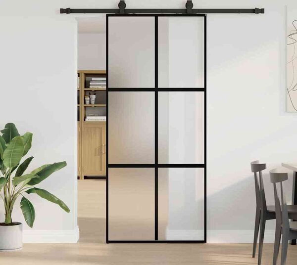 VidaXL Posuvné dveře se sadou kování černé Tvrzené sklo, mřížky 2 x 4 [3375824] Barva: Černá a matná, Velikost: 90 x 205 cm (200 cm sliding rail)