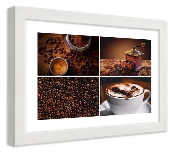 Plakát Zrnková káva, mlýnek a káva Barva rámu: Bílá, Rozměry: 100 x 70 cm