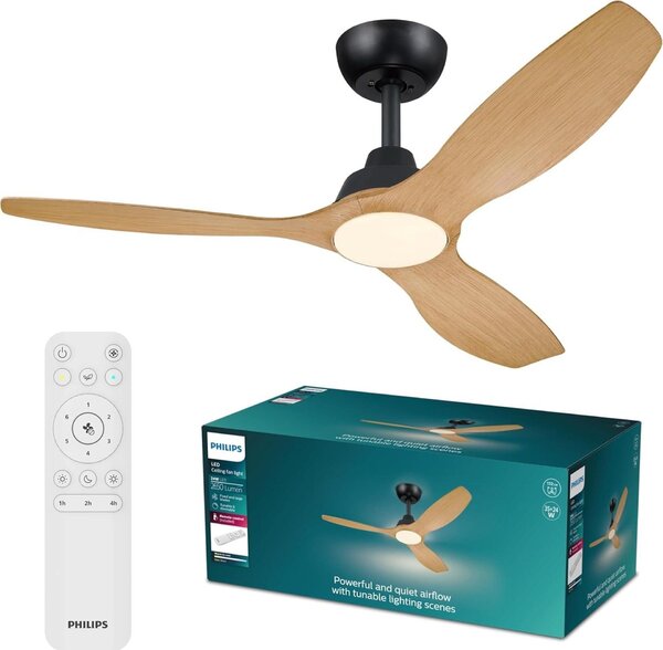 Philips Olas stropní ventilátor a svítidlo 35W+24W 3000/4300/6500K 132cm černá a dřevo