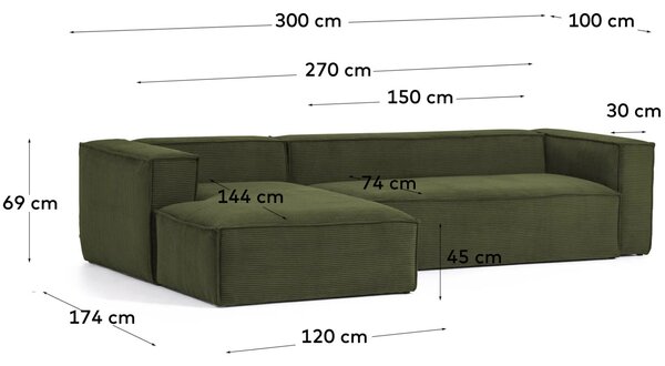 Kave Home Zelená manšestrová rohová pohovka Blok 300 cm, levá