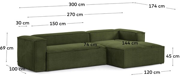 Kave Home Zelená manšestrová rohová pohovka Blok 300 cm, pravá