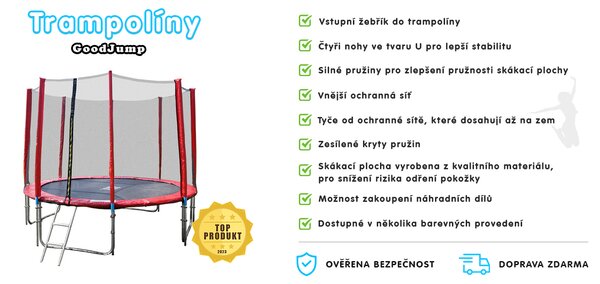 GoodJump GoodJump 4UPVC červená trampolína 366 cm s ochrannou sítí + žebřík + krycí plachta