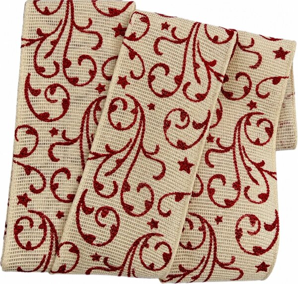 Vánoční ornament Cream Red – bavlněná stuha krémová s červeným potiskem 40mm x 2m