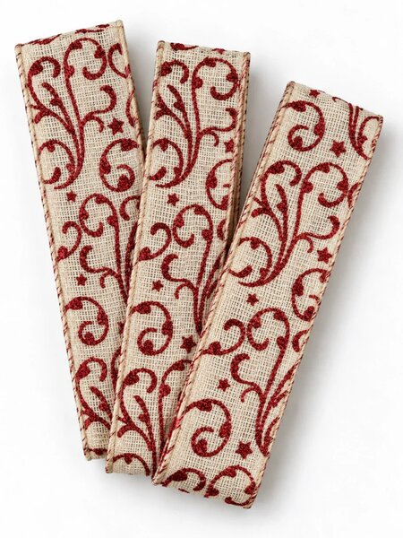Vánoční ornament Cream Red – bavlněná stuha krémová s červeným potiskem 25mm x 2m