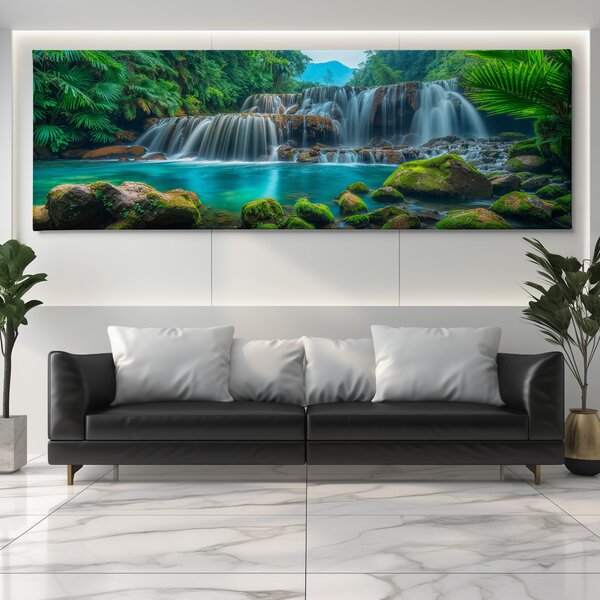 Obraz na plátně - Vodopády s mechovými kameny v džungli FeelHappy.cz Velikost obrazu: 90 x 30 cm