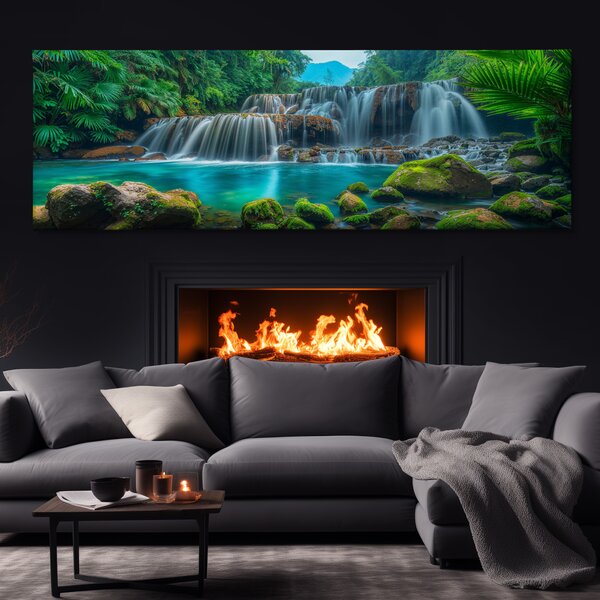 Obraz na plátně - Vodopády s mechovými kameny v džungli FeelHappy.cz Velikost obrazu (šířka x výška): 120 x 40 cm
