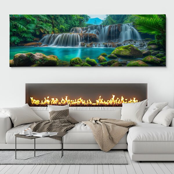 Obraz na plátně - Vodopády s mechovými kameny v džungli FeelHappy.cz Velikost obrazu (šířka x výška): 120 x 40 cm