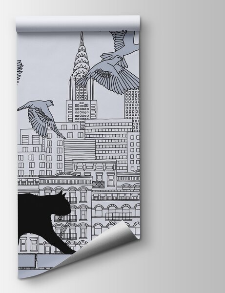 Fototapeta Městská scéna s kočkou a ptáky, Fototapeta s panoramatem města, Populární fototapety, t00078 - Tapeko.co.cz