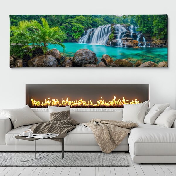 Obraz na plátně - Malé vodopády skryté v tropické džungli FeelHappy.cz Velikost obrazu (šířka x výška): 120 x 40 cm