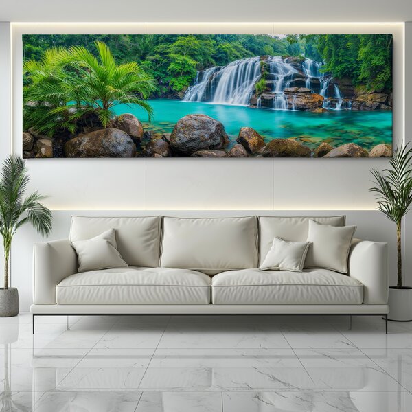 Obraz na plátně - Malé vodopády skryté v tropické džungli FeelHappy.cz Velikost obrazu (šířka x výška): 120 x 40 cm