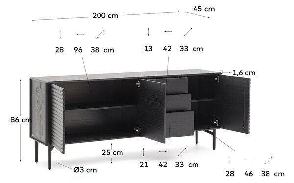 Černá dubová komoda Kave Home Lenon 200 x 45 cm