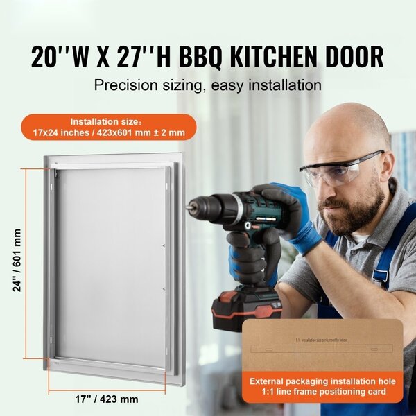 "Přístupová dvířka ke grilu - Jednoduchá dvířka do venkovní kuchyně 508 x 686 mm - Dvířka z nerezové oceli k zapuštění - Vertikální dvířka do zdi s madlem - pro grilovací ostrůvek, grilovací stanici, venkovní skříňku"