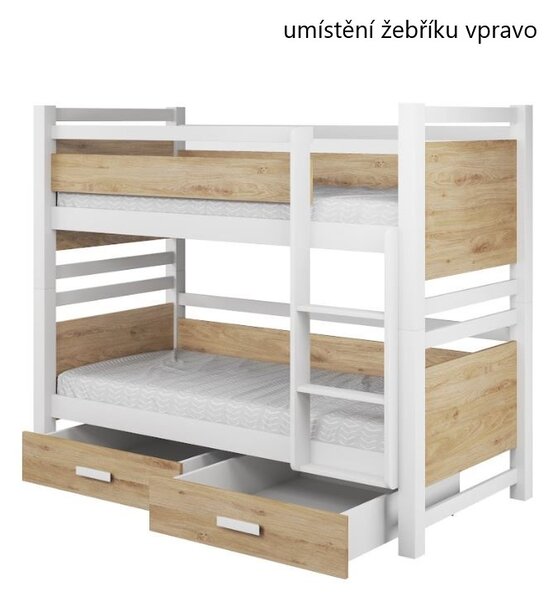 Dětská patrová postel z masivu borovice JANIS se šuplíky - 180x80 cm - bílá/dub artisan