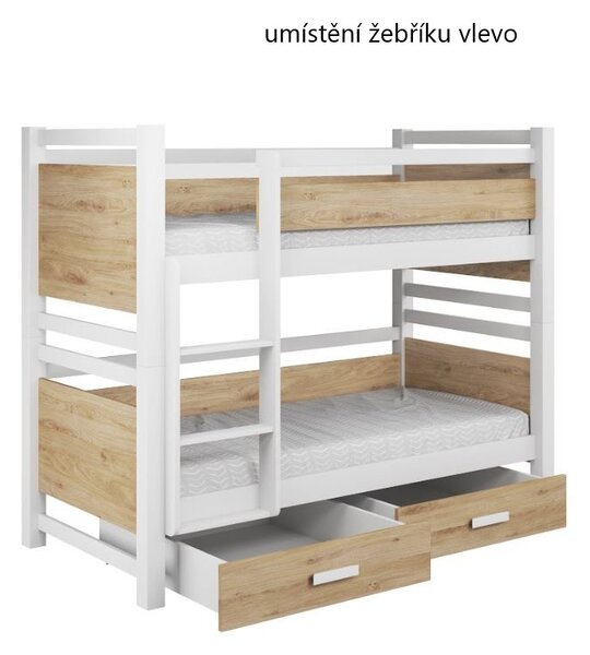 Dětská patrová postel z masivu borovice JANIS se šuplíky - 180x80 cm - bílá/dub artisan