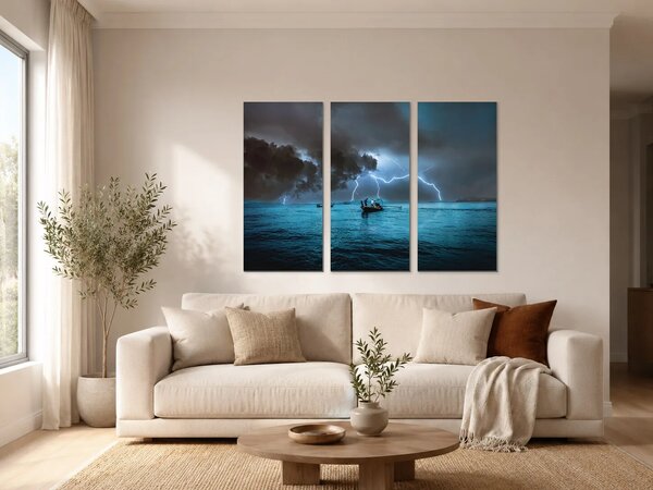 Rybáři pod bouřkovou oblohou – Třídílný obraz A, 90 × 60 cm