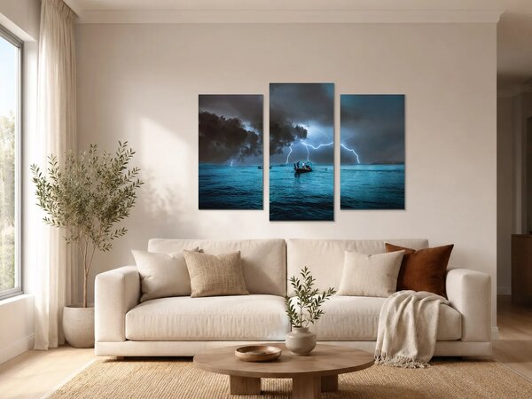 Rybáři pod bouřkovou oblohou – Třídílný obraz B, 90 × 60 cm