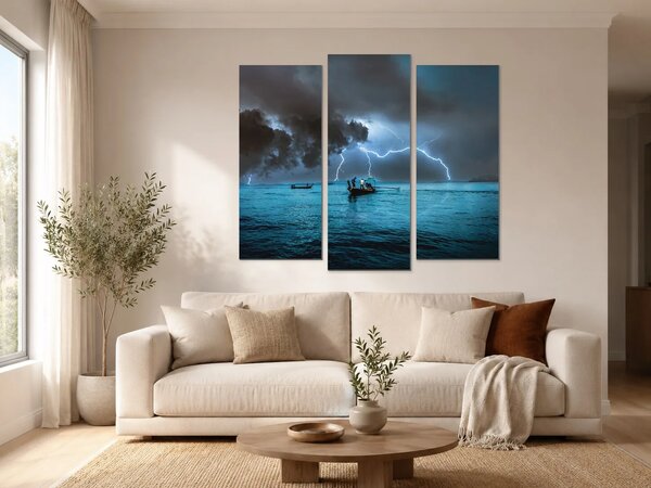 Rybáři pod bouřkovou oblohou – Třídílný obraz B, 120 × 100 cm