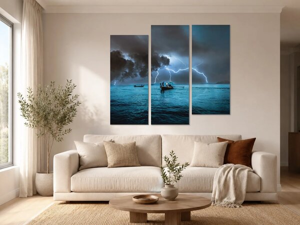 Rybáři pod bouřkovou oblohou – Třídílný obraz C, 120 × 100 cm