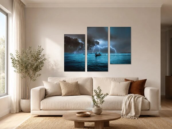 Rybáři pod bouřkovou oblohou – Třídílný obraz C, 90 × 60 cm