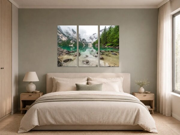 Tyrkysové horské jezero v mlze – Třídílný obraz A, 90 × 60 cm