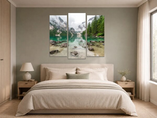 Tyrkysové horské jezero v mlze – Třídílný obraz B, 120 × 100 cm