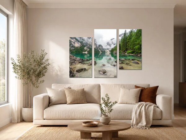 Tyrkysové horské jezero v mlze – Třídílný obraz C, 90 × 60 cm