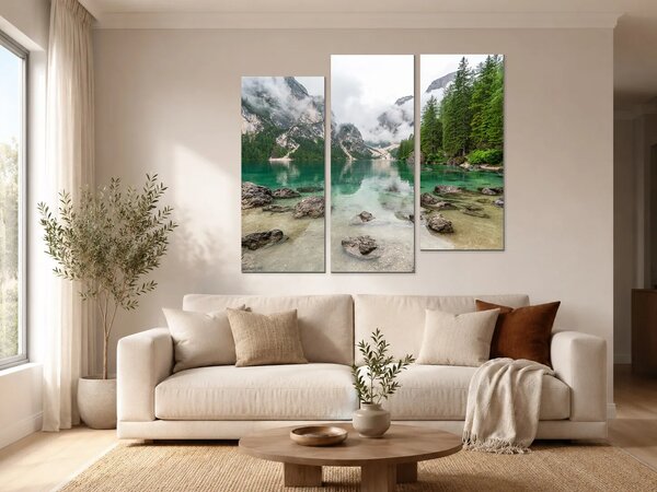 Tyrkysové horské jezero v mlze – Třídílný obraz C, 120 × 100 cm