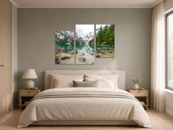 Tyrkysové horské jezero v mlze – Třídílný obraz C, 90 × 60 cm