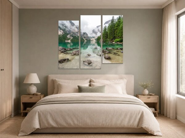 Tyrkysové horské jezero v mlze – Třídílný obraz C, 120 × 100 cm