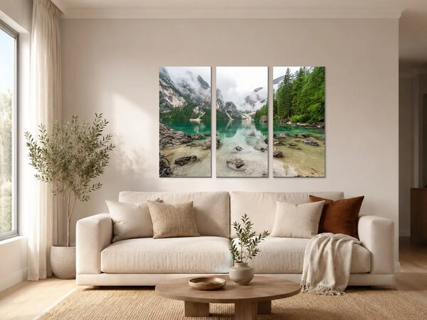 Tyrkysové horské jezero v mlze – Třídílný obraz A, 90 × 60 cm