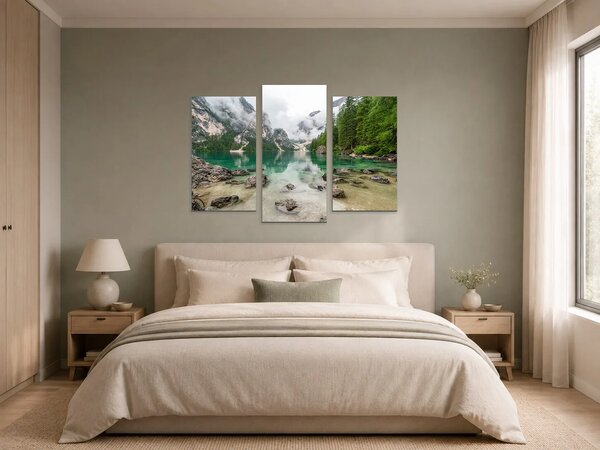 Tyrkysové horské jezero v mlze – Třídílný obraz B, 90 × 60 cm