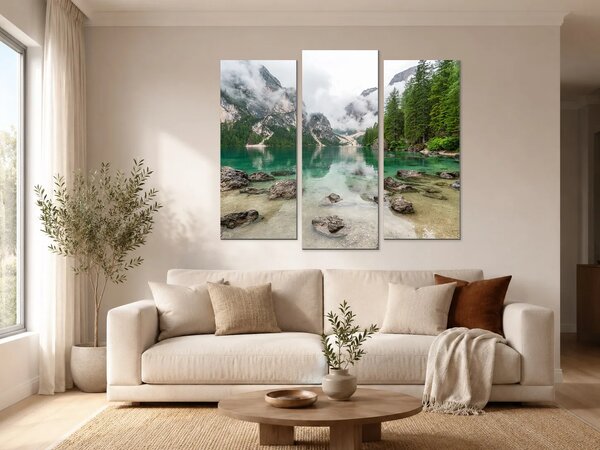 Tyrkysové horské jezero v mlze – Třídílný obraz B, 120 × 100 cm