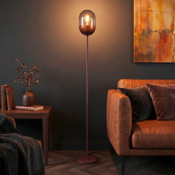 EGLO Stojací lampa Lequile, hnědá, sklo, kov, E27, výška 140 cm, Červená, Obývací pokoj / jídelna, Sklo