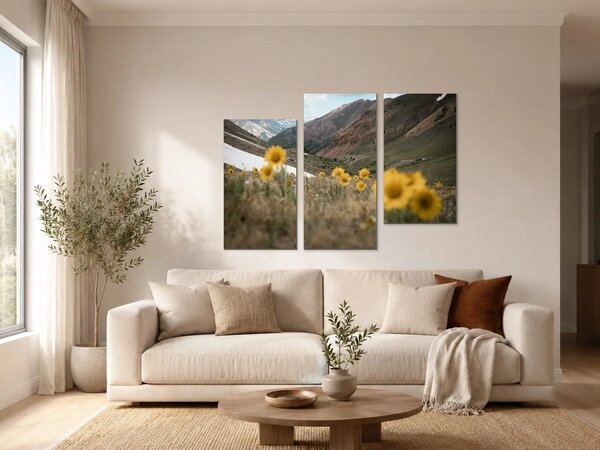 Horské údolí se žlutými květy – Třídílný obraz C, 90 × 60 cm