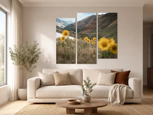 Horské údolí se žlutými květy – Třídílný obraz C, 120 × 100 cm