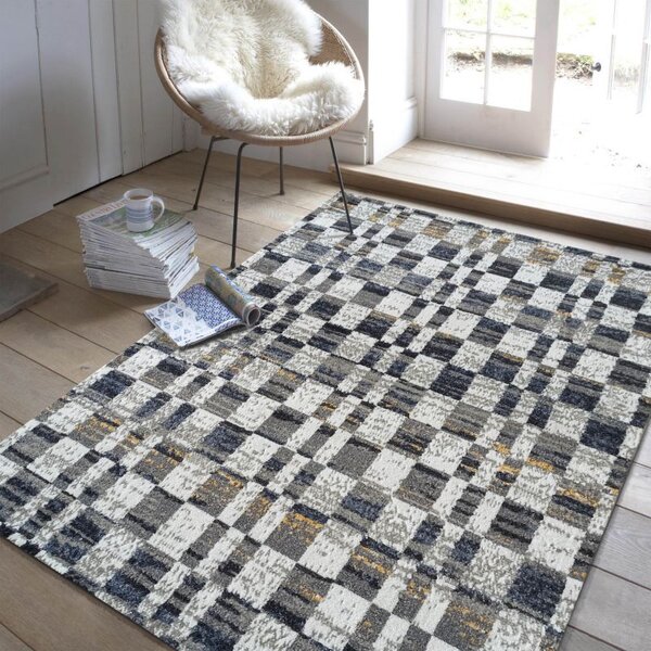 Makro Abra Kusový koberec LARA 05 Moderní Geometrický krémový šedý modrý Rozměr: 80x150 cm