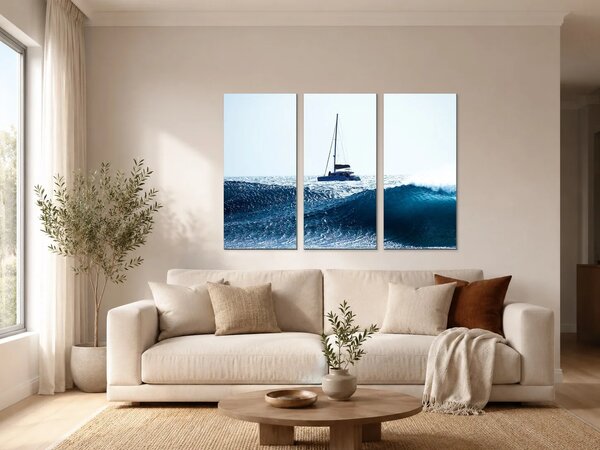 Plachetnice nad vlnami – Třídílný obraz A, 90 × 60 cm