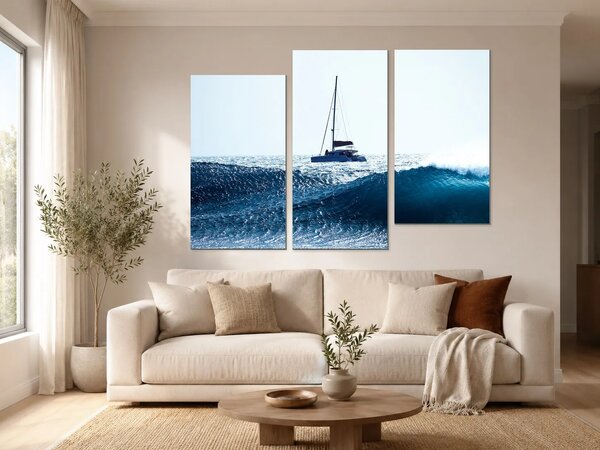 Plachetnice nad vlnami – Třídílný obraz C, 120 × 80 cm