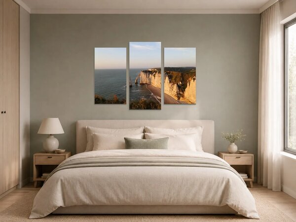 Útesy Étretat v teplém večerním světle – Třídílný obraz B, 90 × 60 cm
