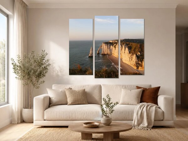 Útesy Étretat v teplém večerním světle – Třídílný obraz B, 120 × 100 cm
