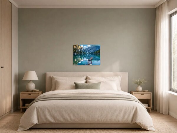 Horské jezero s loďkami – Jednodílný obraz, 40 × 30 cm