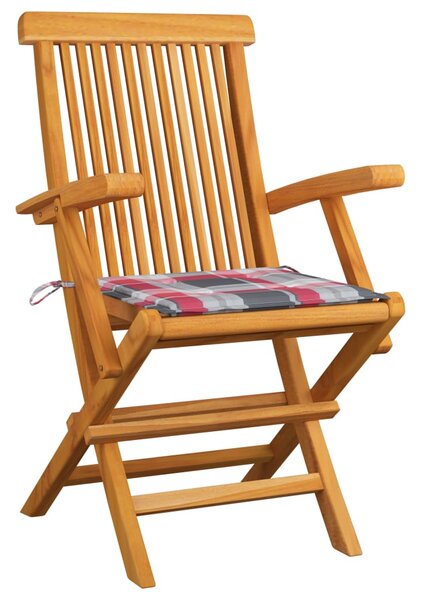Zahradní židle červené kárované podušky 3 ks masivní teak